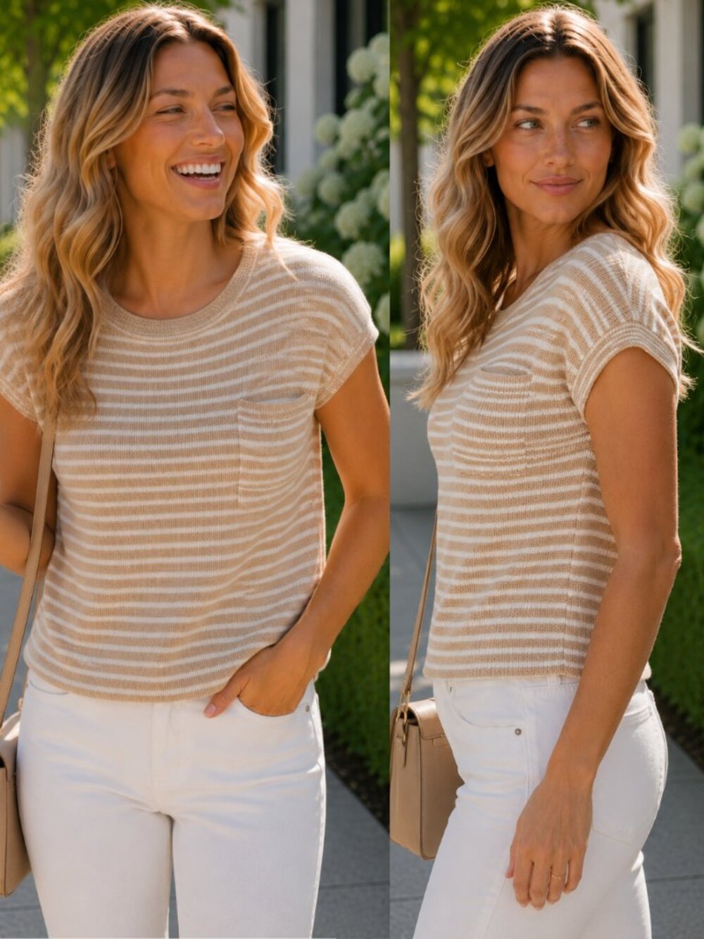 Faith Stripe Pocket Detail Short Sleeve Pullover Sweater Top | Women's Shirt